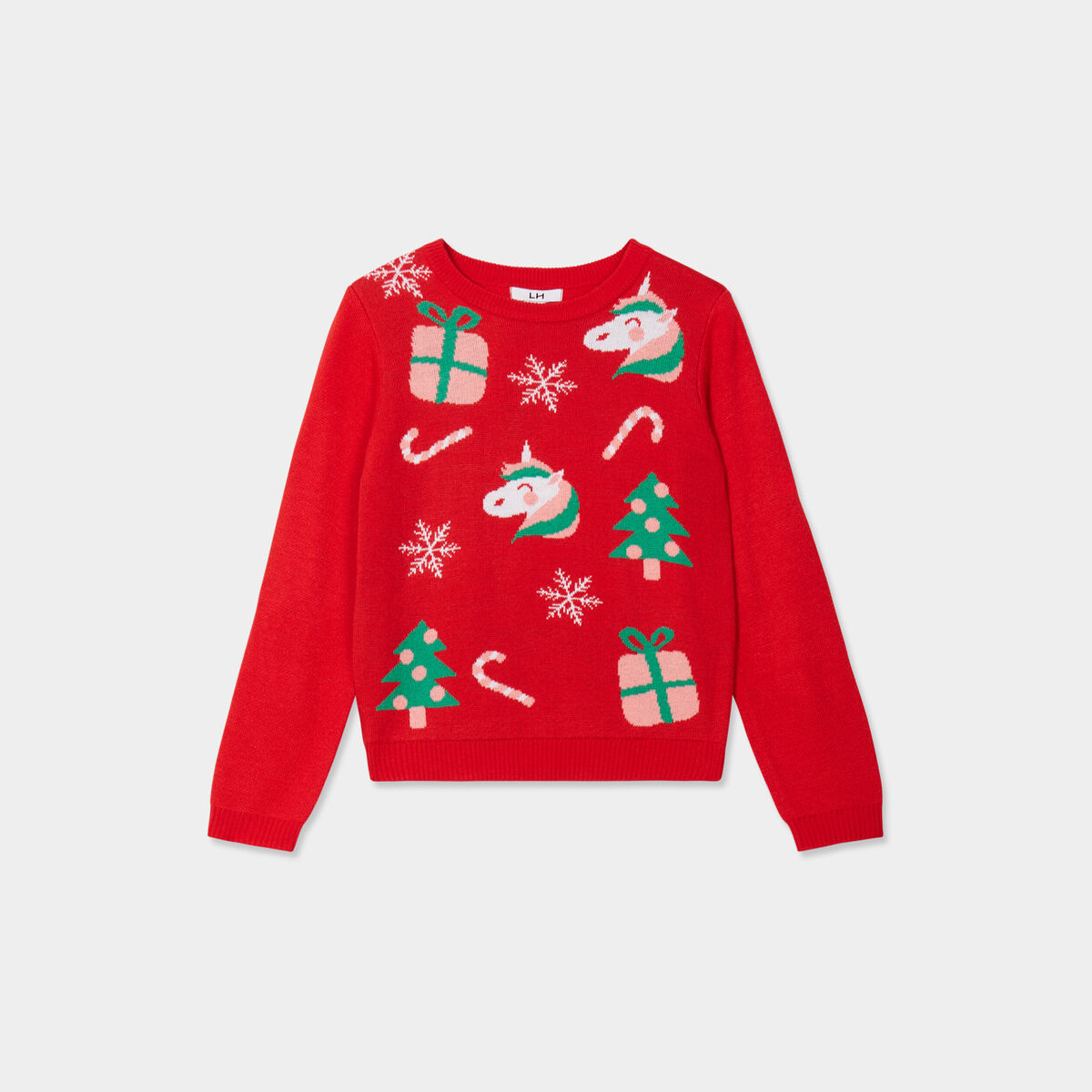 Pull No&euml;l col rond manches longues rouge fille