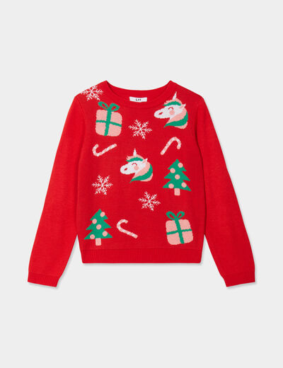 Pull No&euml;l col rond manches longues rouge fille