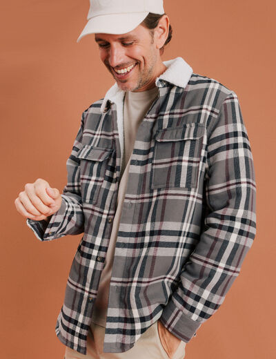 Surchemise carreaux doublée effet sherpa prune homme