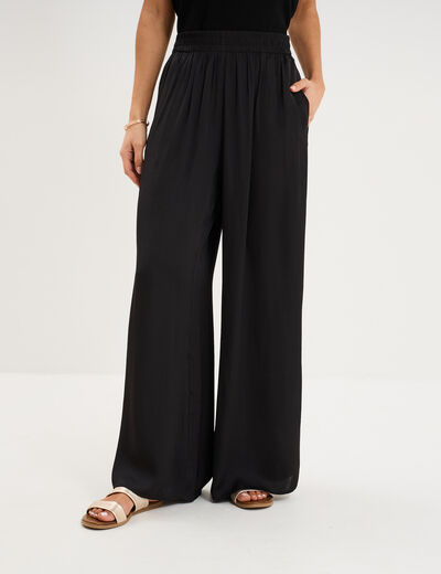 Pantalon large fluide effet satin&eacute; noir femme