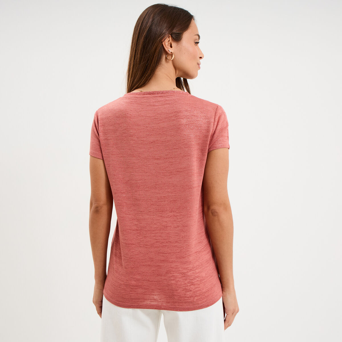 T-shirt col en V manches courtes terracotta femme