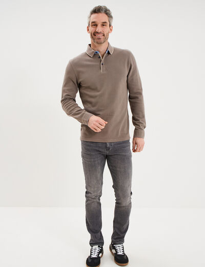 Polo piqu&eacute; droit manches longues coton gris homme