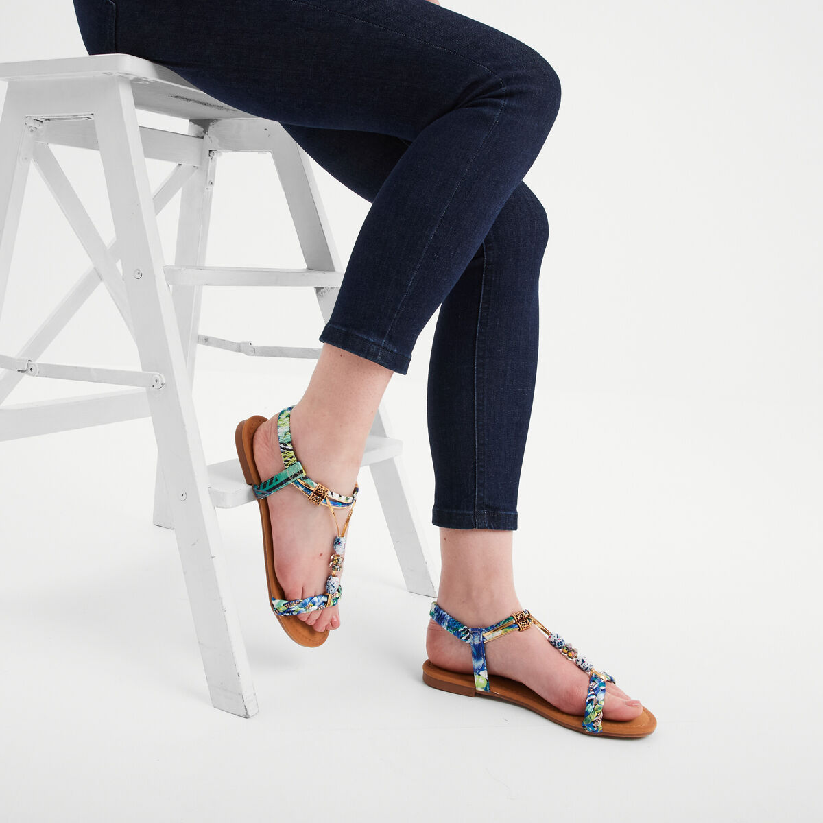 Sandales foulard et perles &eacute;lastiqu&eacute;es bleu femme