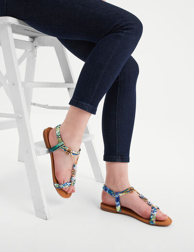 Sandales foulard et perles &eacute;lastiqu&eacute;es bleu femme