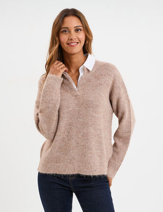 Pull 2-en-1 col chemise manches longues beige femme