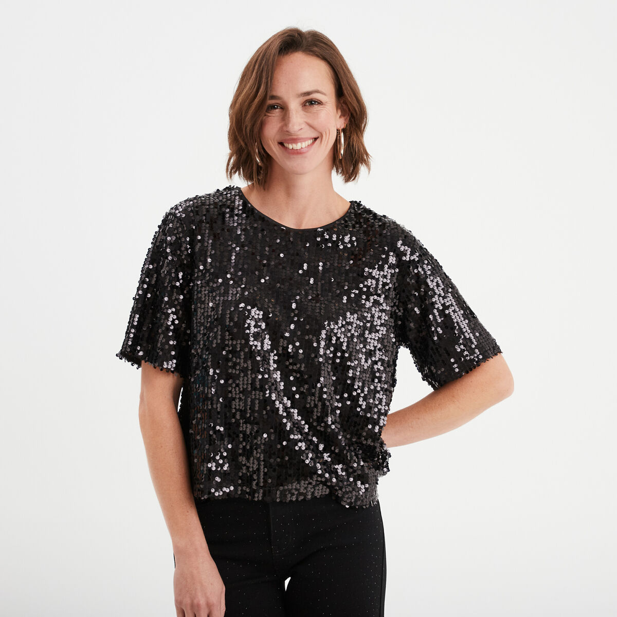 T-shirt &agrave; sequins manches courtes droit noir femme