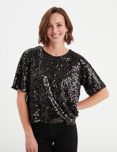 T-shirt à sequins manches courtes droit noir femme