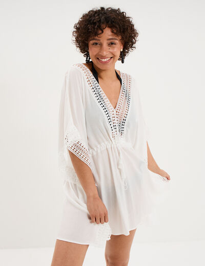 Robe de plage d&eacute;tails macram&eacute; ivoire femme