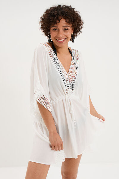 Robe de plage d&eacute;tails macram&eacute; ivoire femme