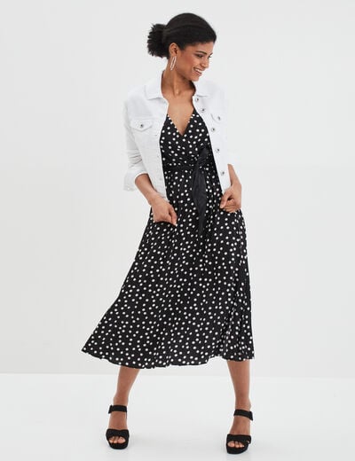 Robe longue évasée plissée et ceinturée noir femme