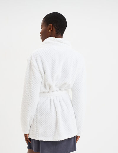Peignoir mi-long effet polaire ceintur&eacute; blanc femme