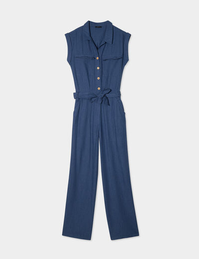 Combinaison pantalon ceinturée lin bleu foncé femme