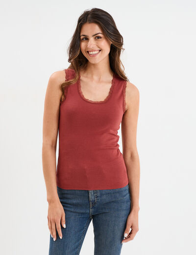 Débardeur coton bords dentelle rouge foncé femme