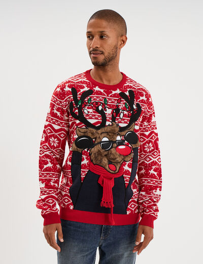 Pull de No&euml;l manches longues rouge homme