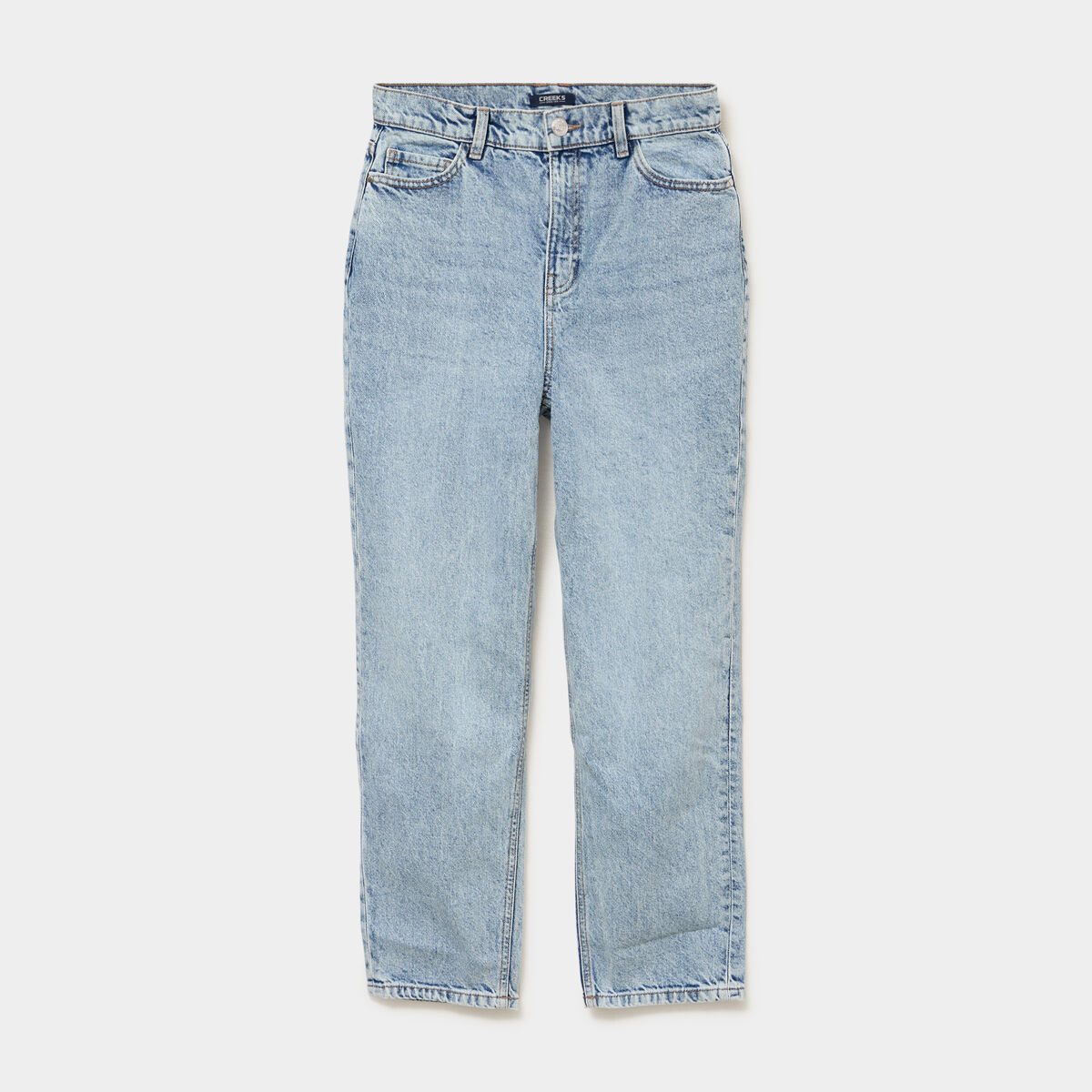 Jeans mom cropped taille haute denim bleach femme