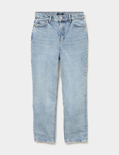 Jeans mom cropped taille haute denim bleach femme