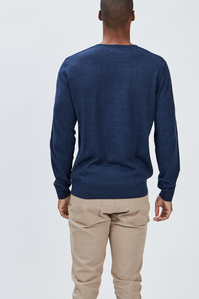 Pull droit col rond coton m&eacute;lang&eacute; bleu fonc&eacute; homme