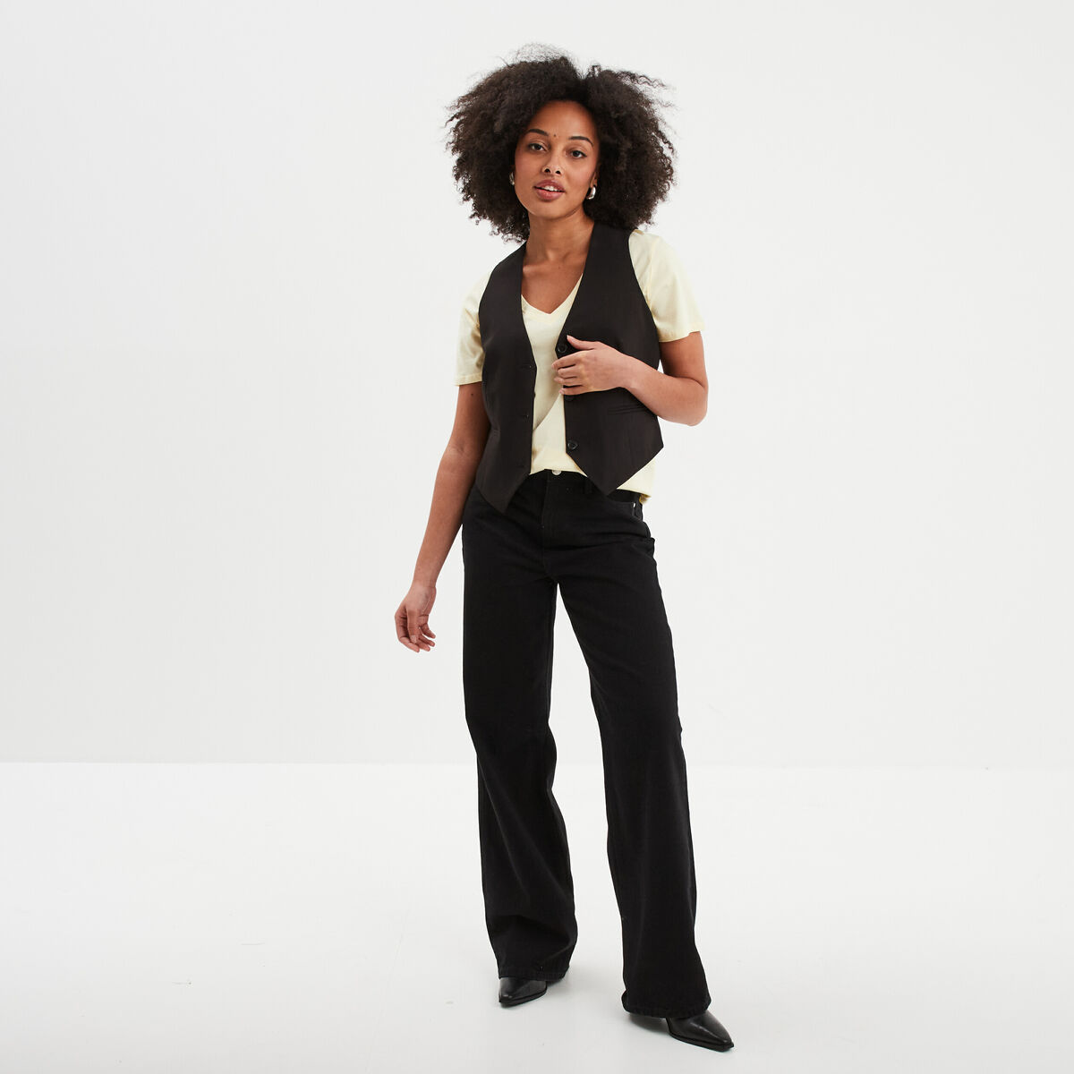 T-shirt manches courtes col en V coton jaune clair femme