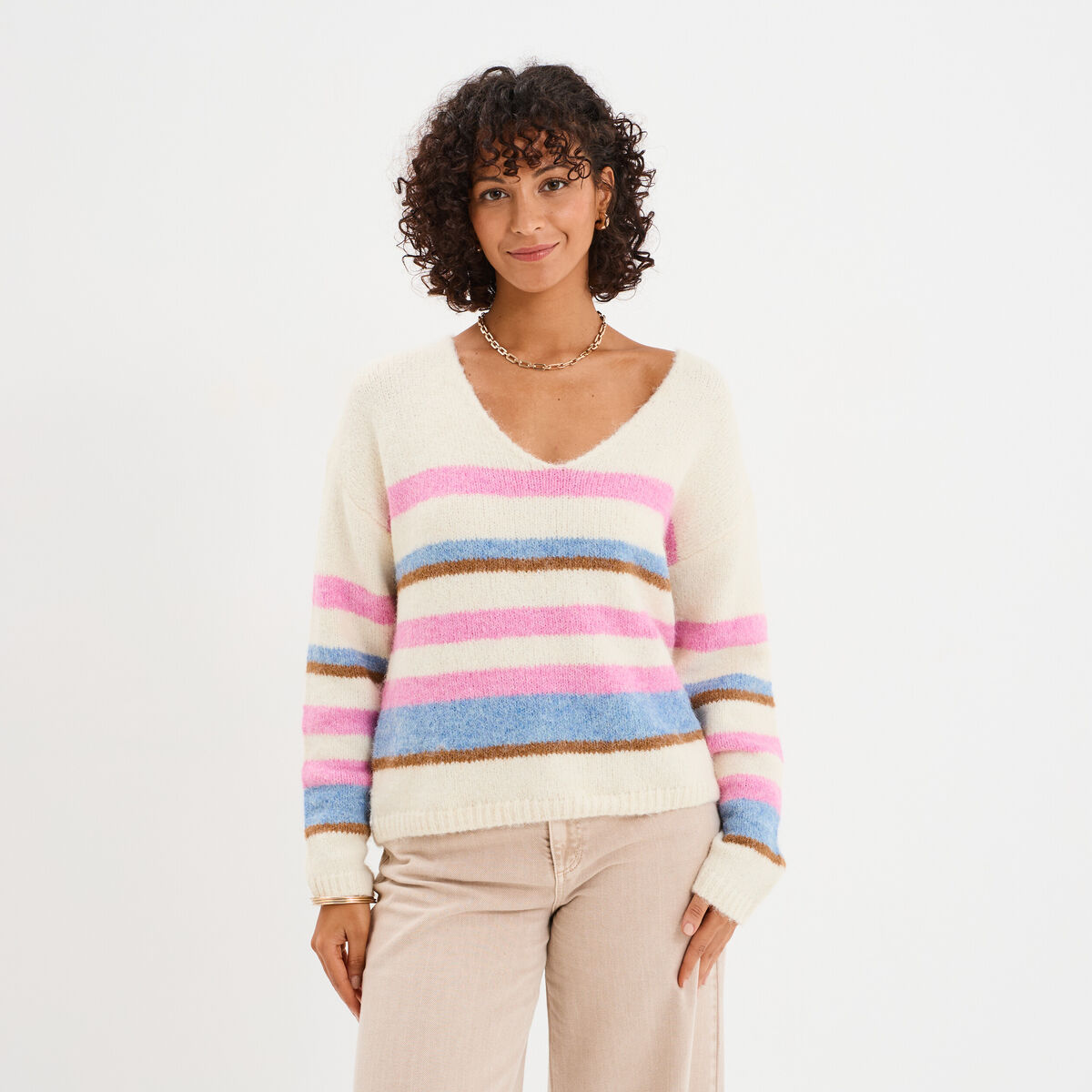Pull col en V manches longues ecru femme