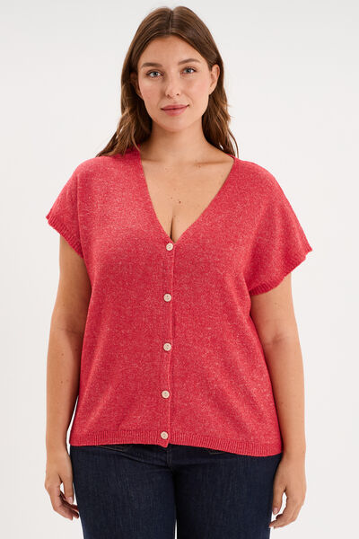 Gilet manches courtes boutonn&eacute; col V rose cerise femme grande taille