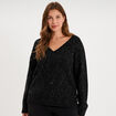Pull droit sequins col V manches longues noir femme grande taille
