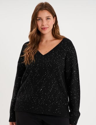 Pull droit sequins col V manches longues noir femme grande taille