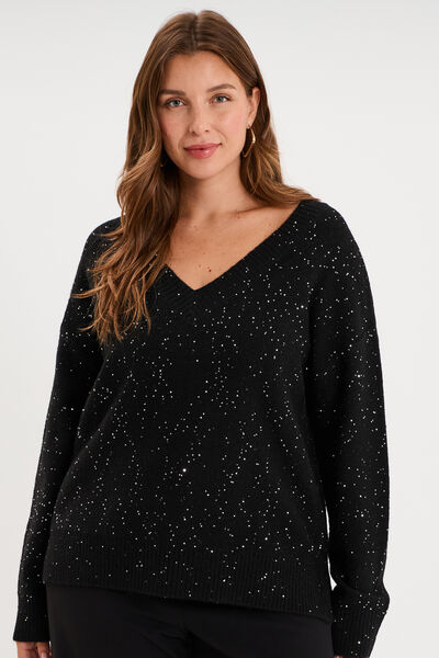 Pull droit sequins col V manches longues noir femme grande taille