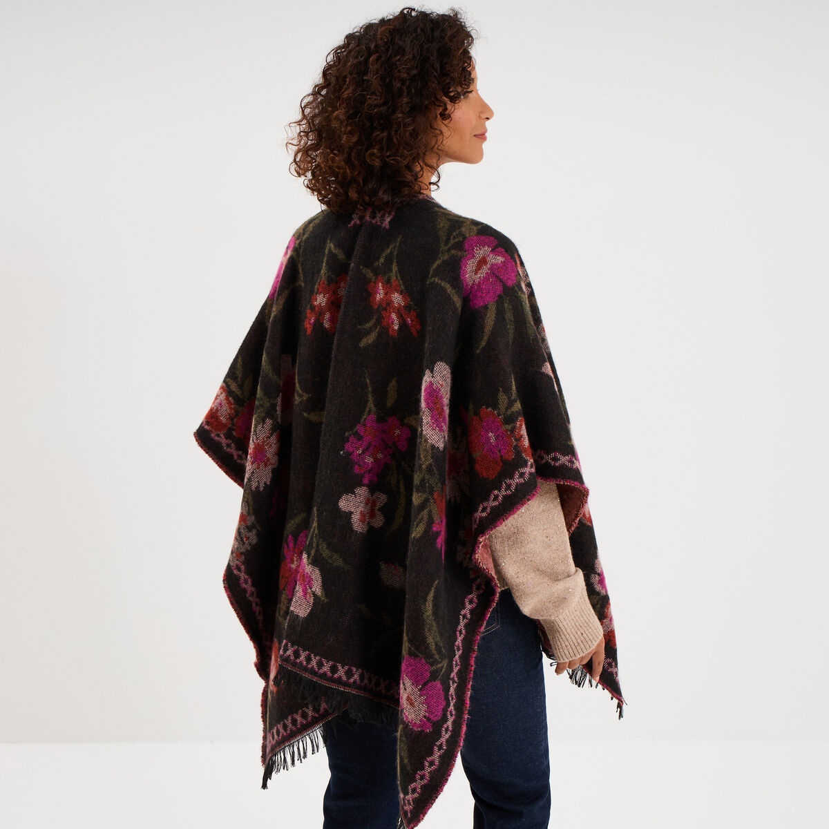Poncho mi-long avec franges multicolore femme