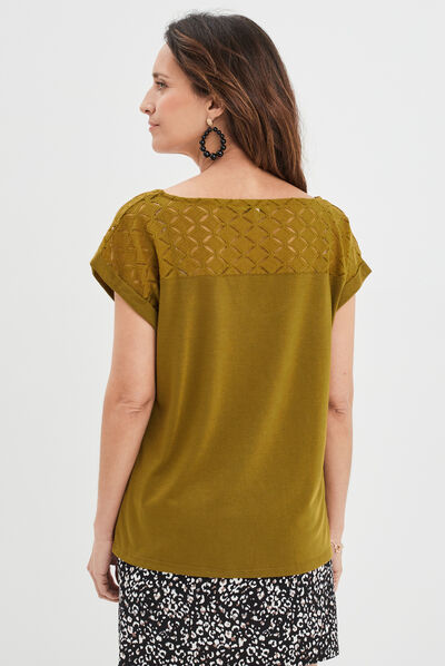 T-shirt col en V dentelle épaules et dos vert olive femme
