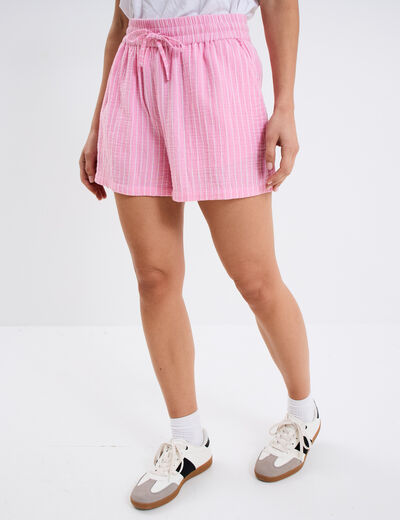 Short taille élastiquée gaze de coton rose vif femme