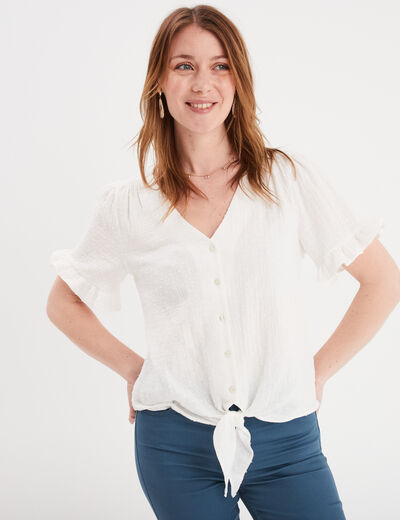 Blouse plumetis nouée manches courtes blanc femme