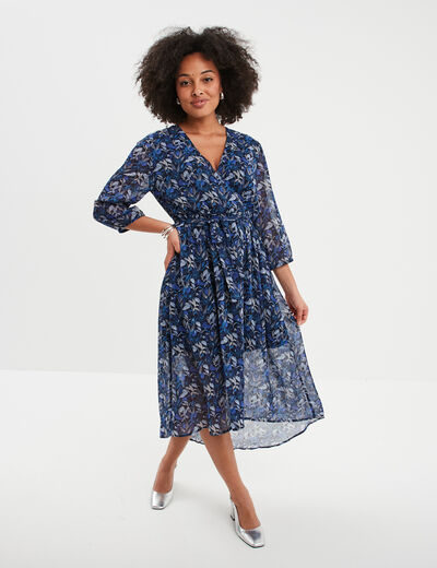 Robe midi col cache-coeur fluide bleu femme