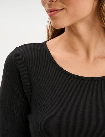 T-shirt col rond manches longues coton gris foncé femme