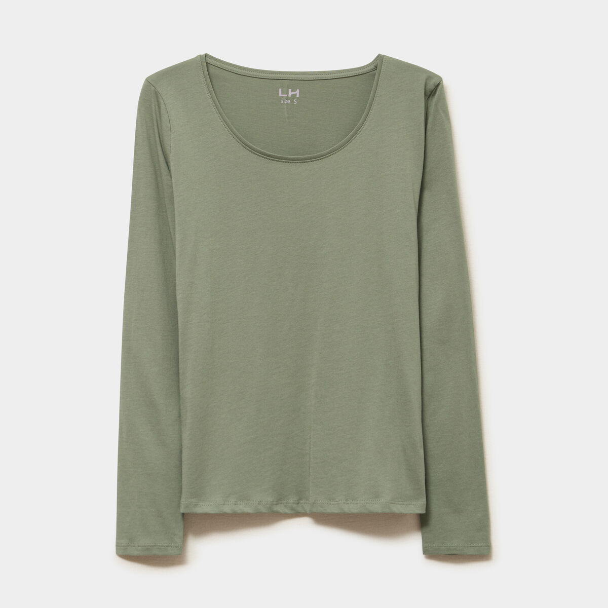 T-shirt coton col rond manches longues vert kaki femme