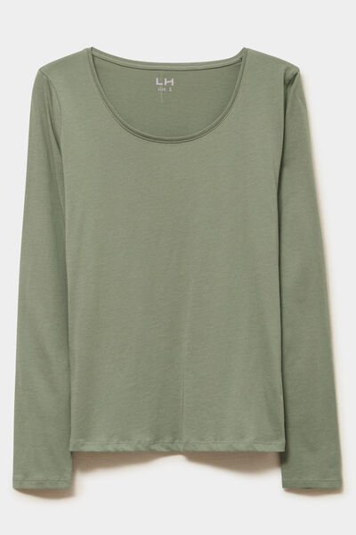 T-shirt coton col rond manches longues vert kaki femme