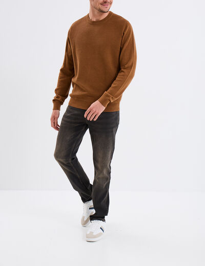Pull col rond coton manches longues marron homme