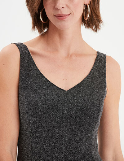 Robe patineuse fils métallisés col en V gris argent femme