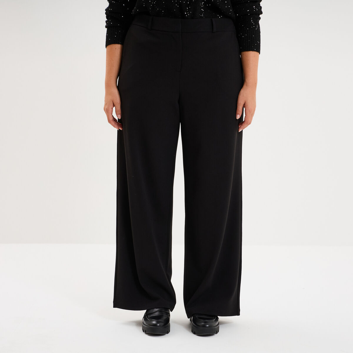 Pantalon effet cr&ecirc;pe long coupe large noir femme grande taille