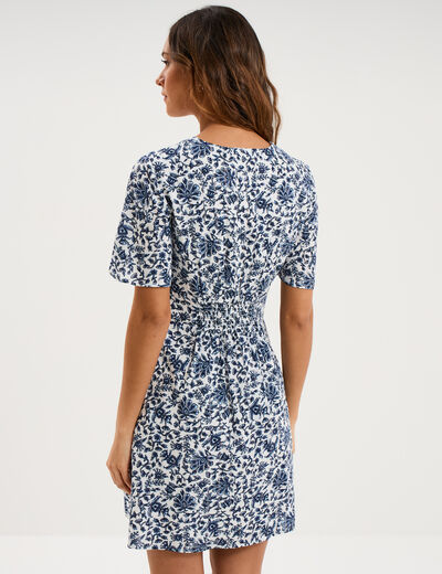 Robe courte col en V taille smock&eacute;e blanc femme
