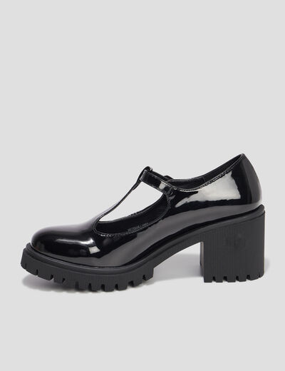 Mocassins vernis crant&eacute;s &agrave; talon noir femme