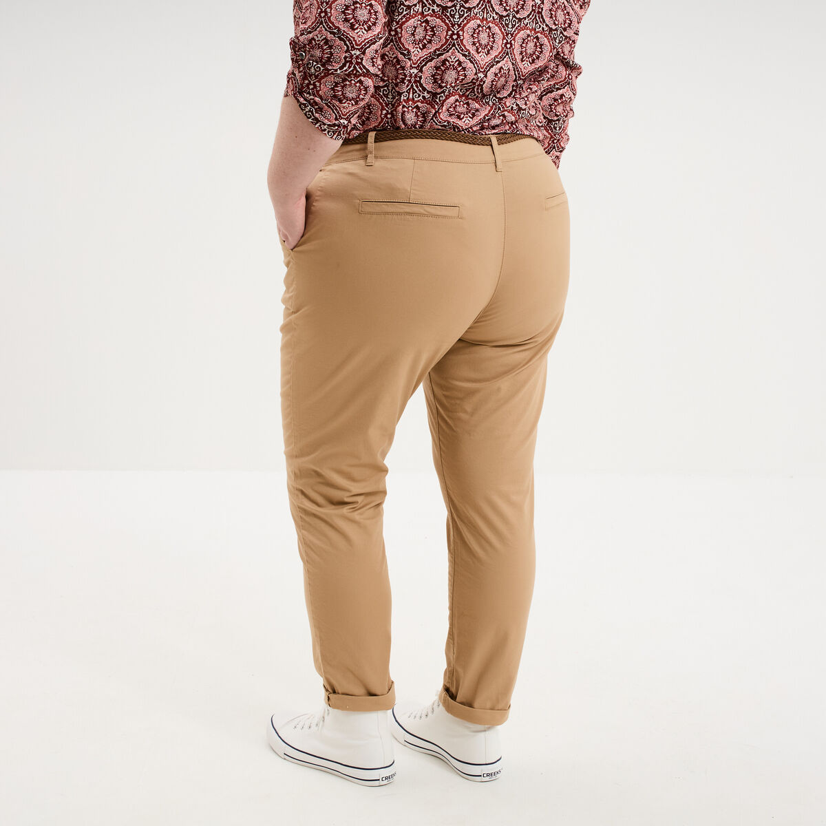 Pantalon chino taille haute coton beige femme grande taille