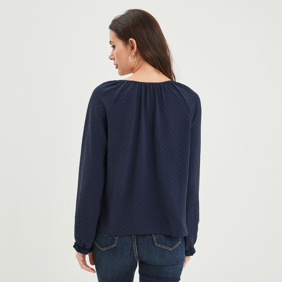 Blouse col v avec cordons à pampilles bleu marine femme