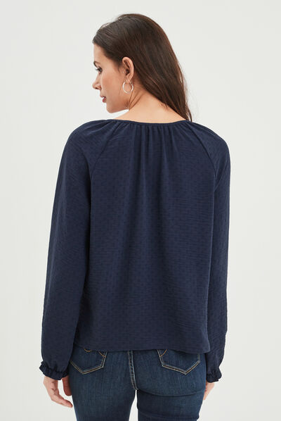 Blouse col v avec cordons à pampilles bleu marine femme