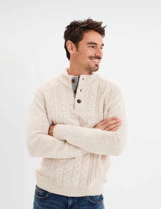 Pull col montant boutonn&eacute; et torsades ecru homme