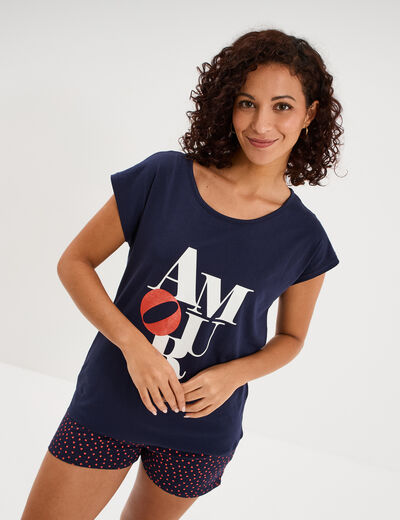 Ensemble pyjama t-shirt et short coton bleu marine femme