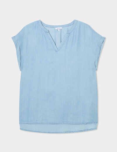 Blouse col tunisien manches courtes bleu clair femme grande taille