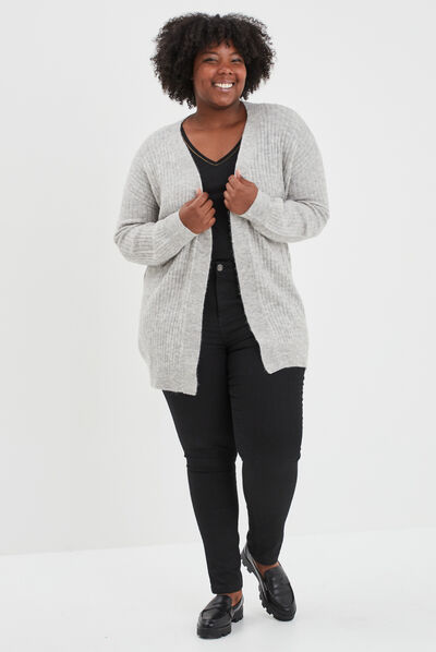 Gilet long côtelé col châle gris femme grande taille