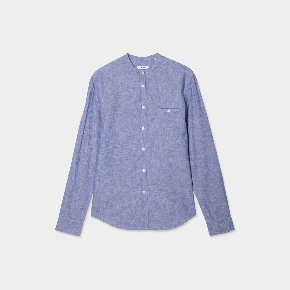 Chemise col mao lin mélangé bleu homme