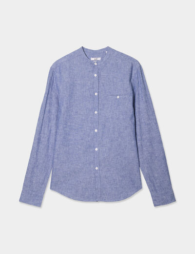 Chemise col mao lin mélangé bleu homme
