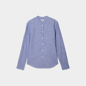 chemise col mao lin melange bleu homme Chemise col mao lin mélangé bleu homme